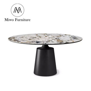 Italian Modern Home Furniture Dining Room Black Stainless Steel Leg Ceramic Rock Plate Marble Round Rotating Table