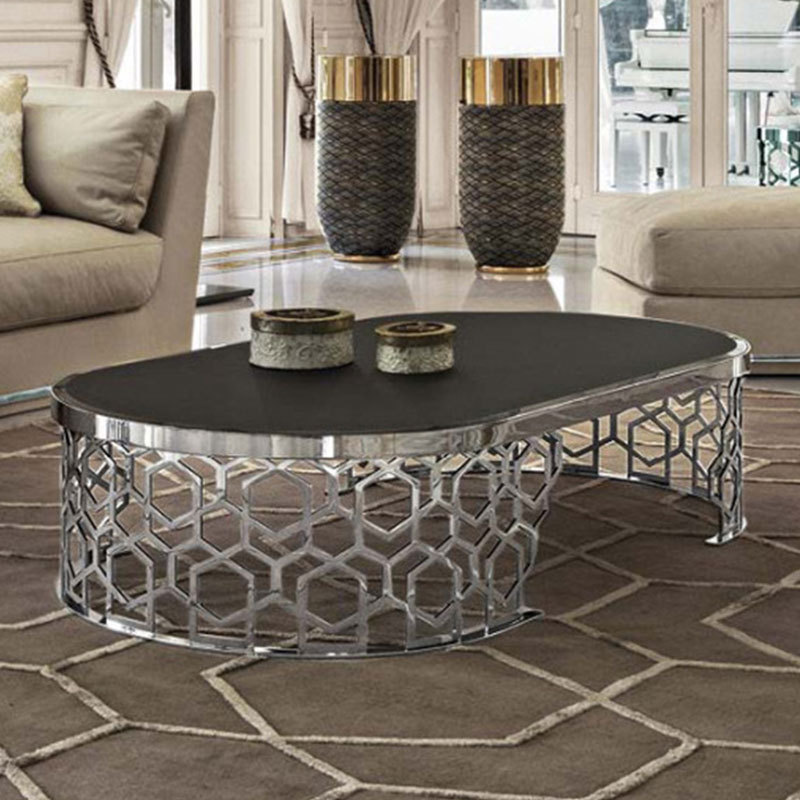 hotel lobby oval round marble top centre table living room luxury italian design gold plated stainless steel frame coffee table