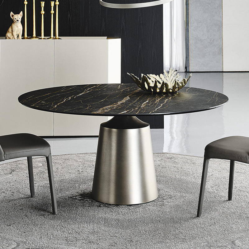 Italian Modern Home Furniture Dining Room Black Stainless Steel Leg Ceramic Rock Plate Marble Round Rotating Table