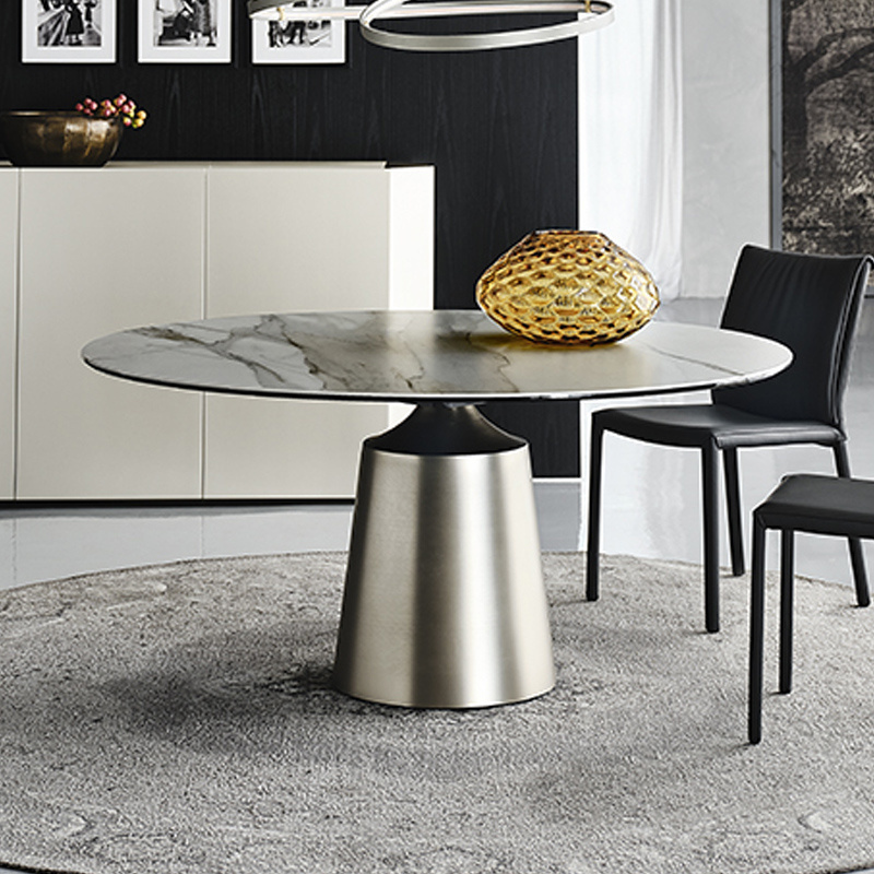 Italian Modern Home Furniture Dining Room Black Stainless Steel Leg Ceramic Rock Plate Marble Round Rotating Table