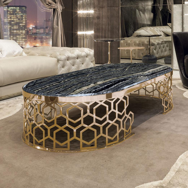 hotel lobby oval round marble top centre table living room luxury italian design gold plated stainless steel frame coffee table