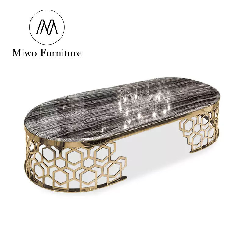 hotel lobby oval round marble top centre table living room luxury italian design gold plated stainless steel frame coffee table