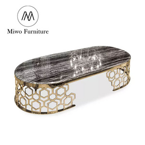 hotel lobby oval round marble top centre table living room luxury italian design gold plated stainless steel frame coffee table