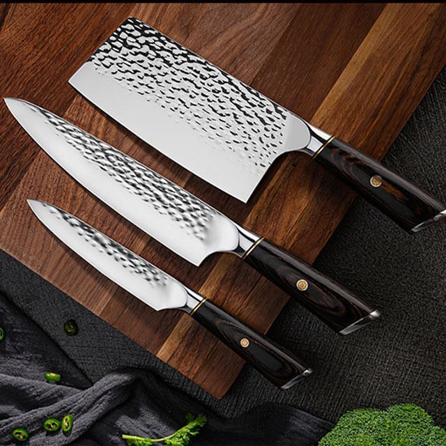 Handmade forge 3 pieces  high quality kitchen knife set with polish on blade and Pakkawood handle gift knife