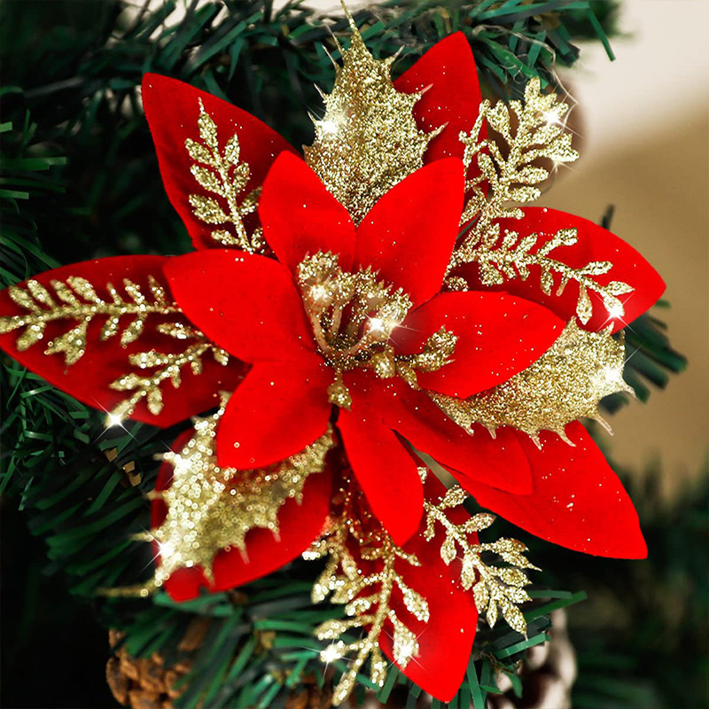 14cm Christmas decorations Glitter poinsettia artificial flower heads Xmas Wreath gift DIY accessories Christmas tree ornaments