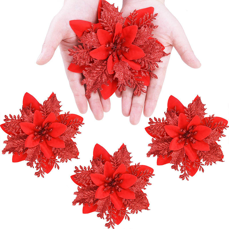 14cm Christmas decorations Glitter poinsettia artificial flower heads Xmas Wreath gift DIY accessories Christmas tree ornaments