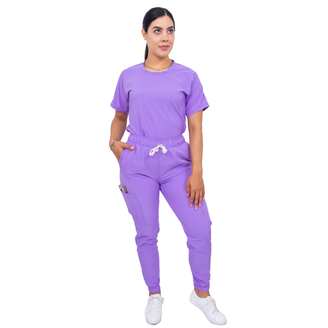 Surgical Scrubs - Women Stretch Antifluid Lilac Scrubs Set with Jogger Pants and Short-Sleeve Round Neck (Custom)