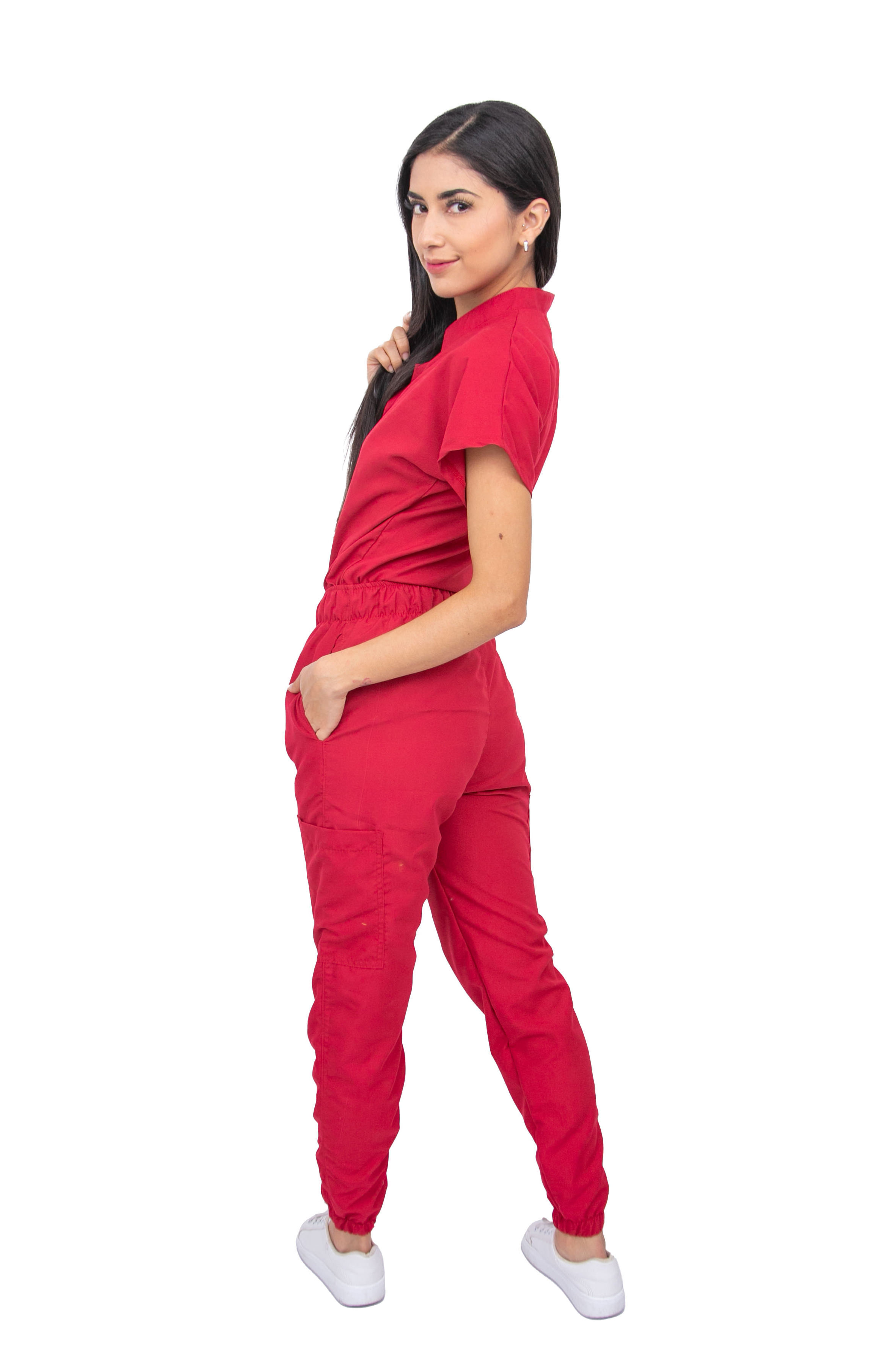 Women's Surgical Jogger Red Scrub Set, Short Sleeve Mao-Neck Top and Jogger Pants (Custom)