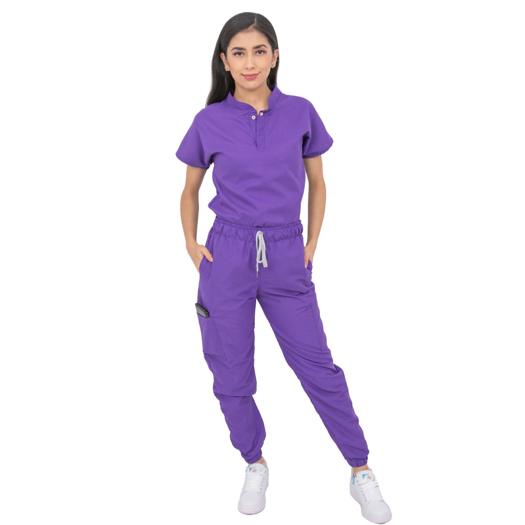 Women's Surgical Jogger Purple Scrub Set, Short Sleeve Mao-Neck Top and Jogger Pants (Custom)