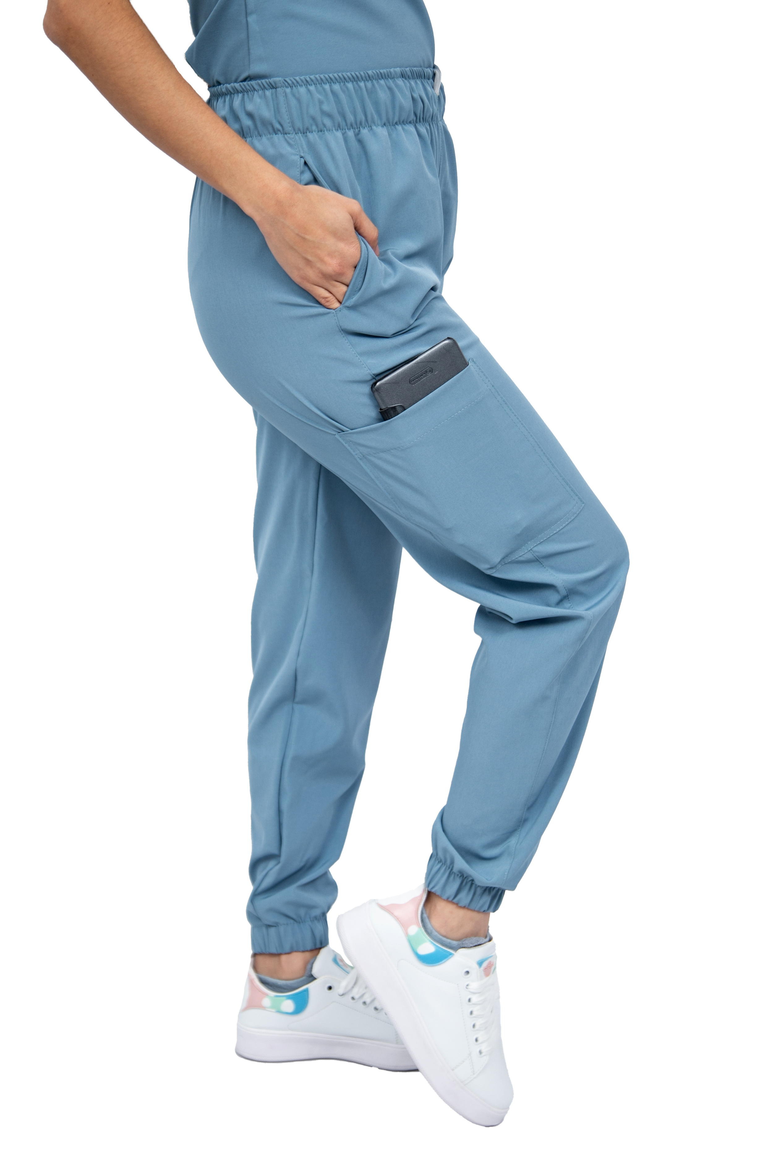 Women Antifluid Blue Mist Scrub Set with Round Neck Top and Stretch Jogger Pants, Cargo Pockets (Custom)