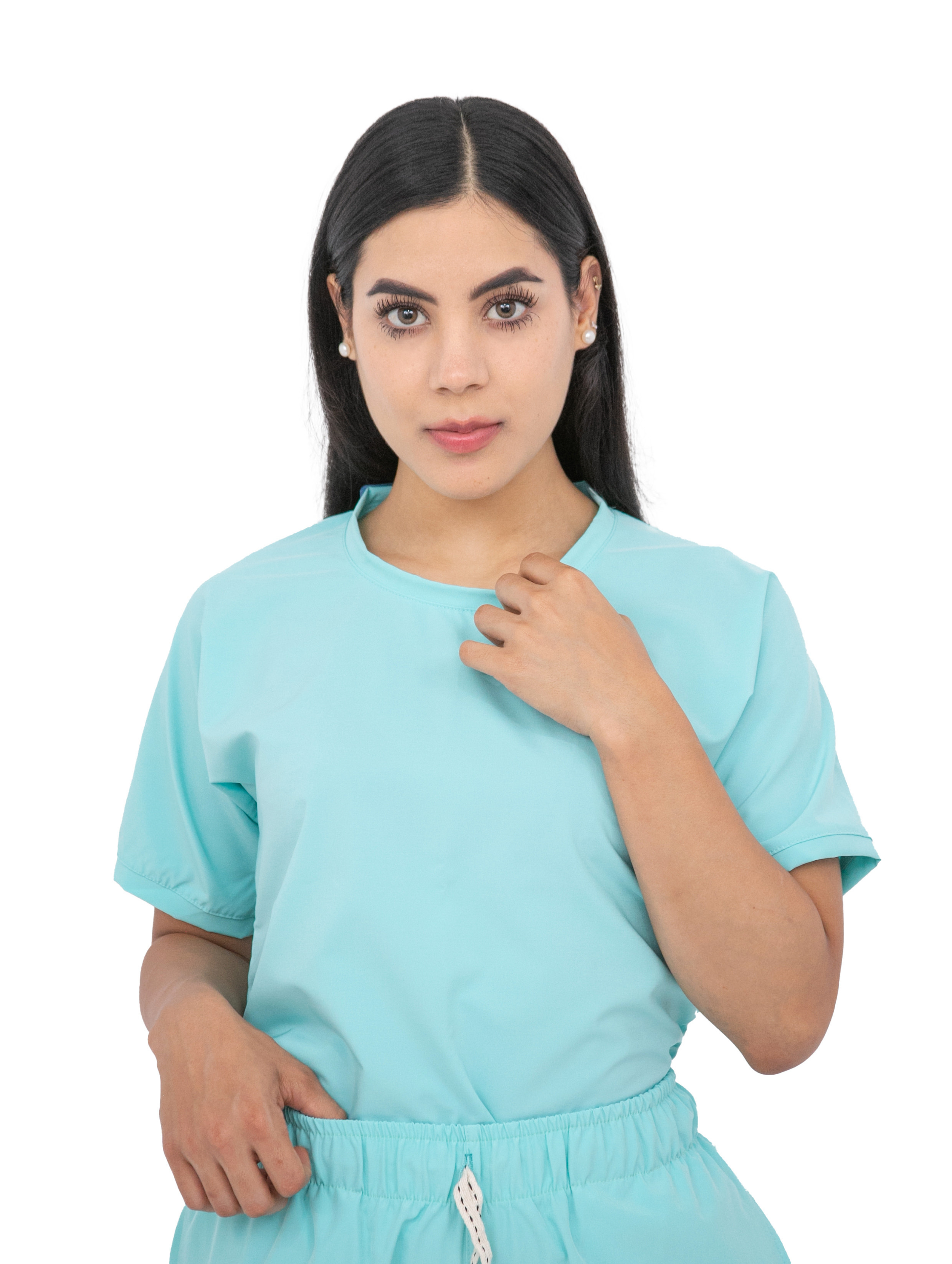 Surgical Scrubs - Women Stretch Antifluid Aqua Scrubs Set with Jogger Pants and Short-Sleeve Round Neck (Custom)