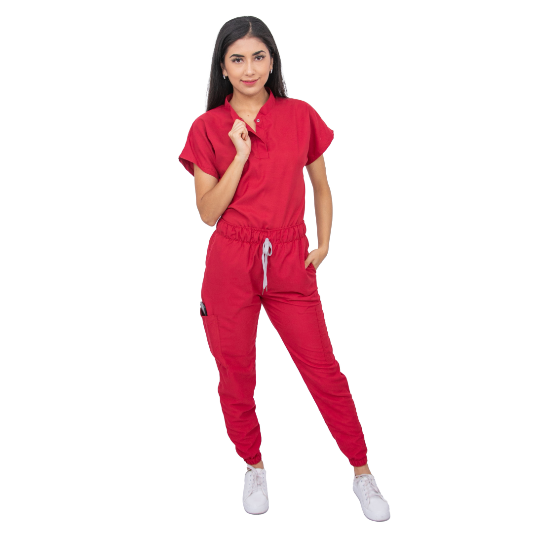 Women's Surgical Jogger Red Scrub Set, Short Sleeve Mao-Neck Top and Jogger Pants (Custom)