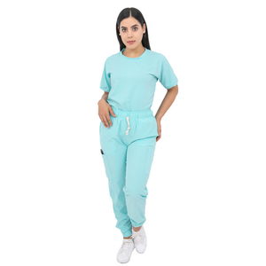 Surgical Scrubs - Women Stretch Antifluid Aqua Scrubs Set with Jogger Pants and Short-Sleeve Round Neck (Custom)