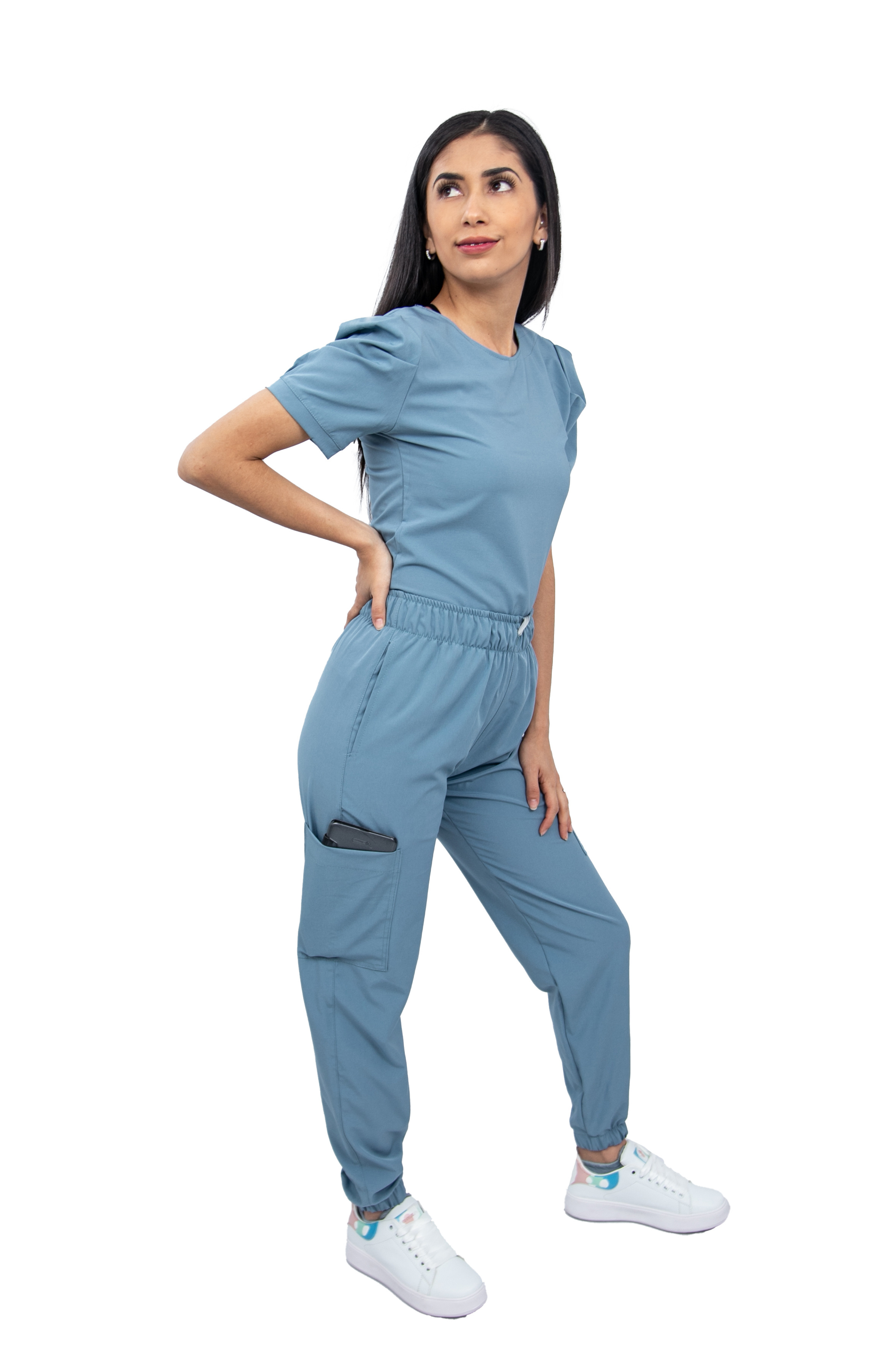 Women Antifluid Blue Mist Scrub Set with Round Neck Top and Stretch Jogger Pants, Cargo Pockets (Custom)