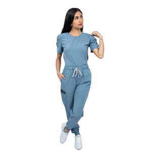 Women Antifluid Blue Mist Scrub Set with Round Neck Top and Stretch Jogger Pants, Cargo Pockets (Custom)