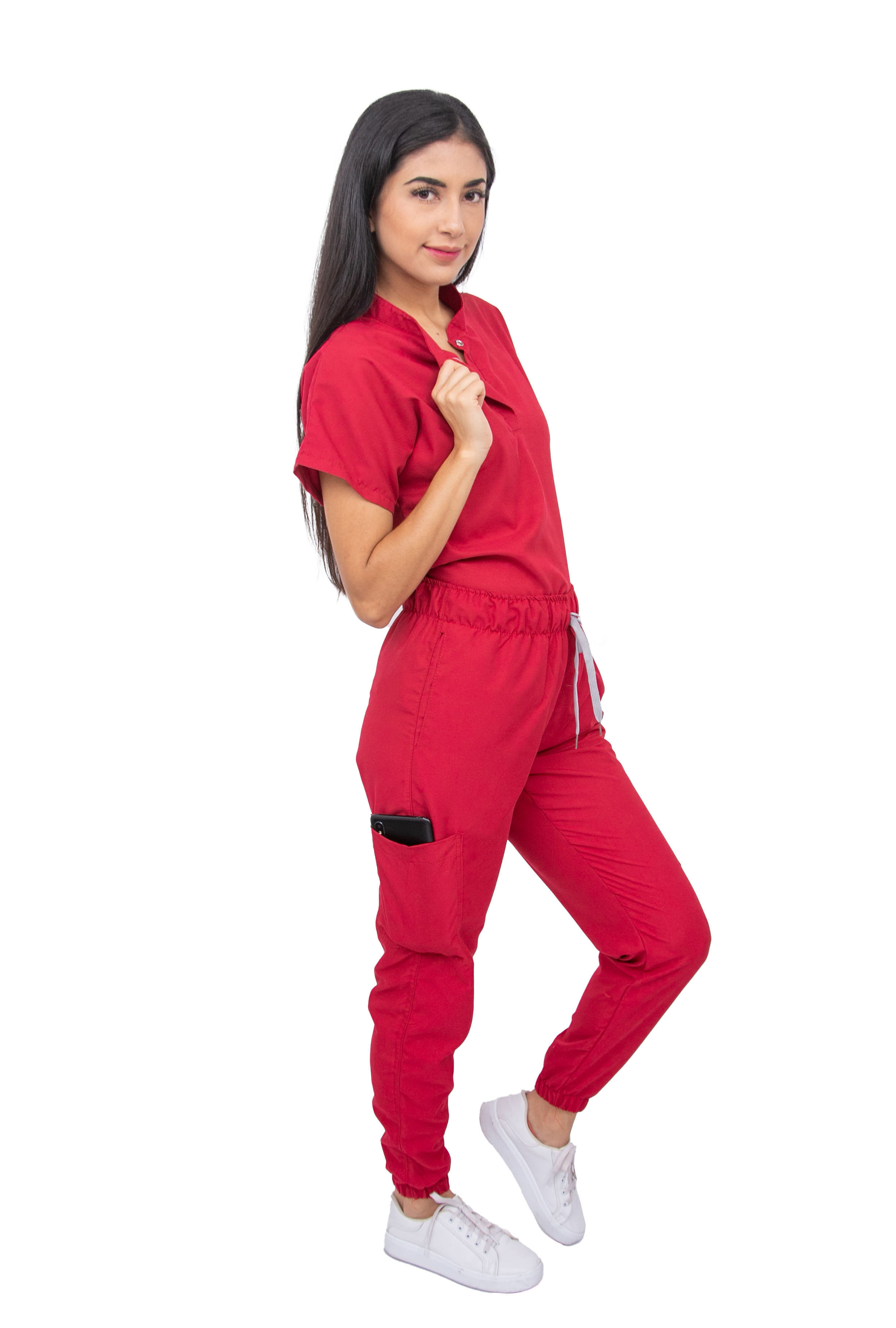 Women's Surgical Jogger Red Scrub Set, Short Sleeve Mao-Neck Top and Jogger Pants (Custom)