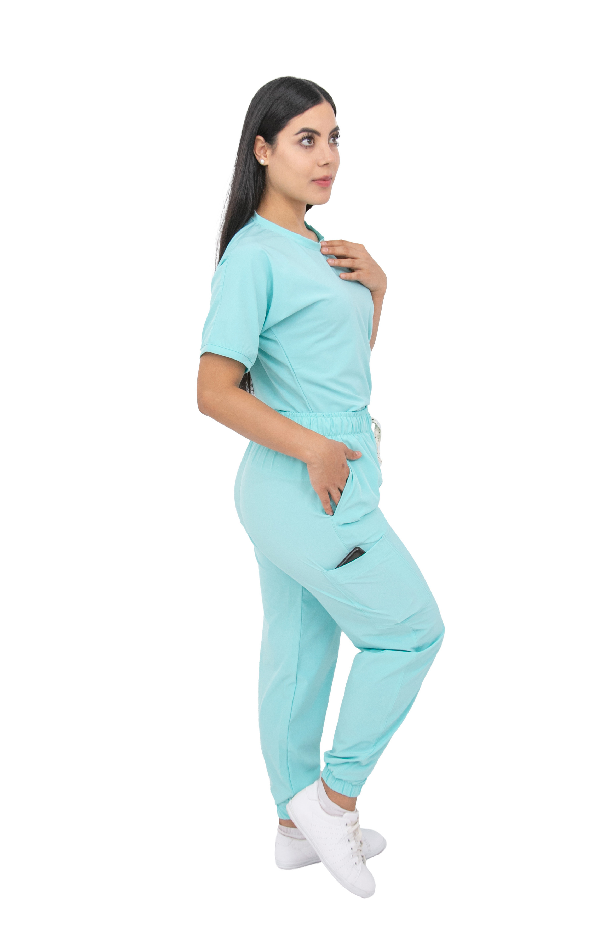 Surgical Scrubs - Women Stretch Antifluid Aqua Scrubs Set with Jogger Pants and Short-Sleeve Round Neck (Custom)