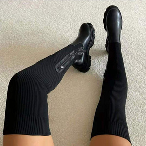 2023 Winter Fashion Solid Color Leather Knitted Over Knee High Heel Women High Leg Boots Shoes Women's Long Boots 2023