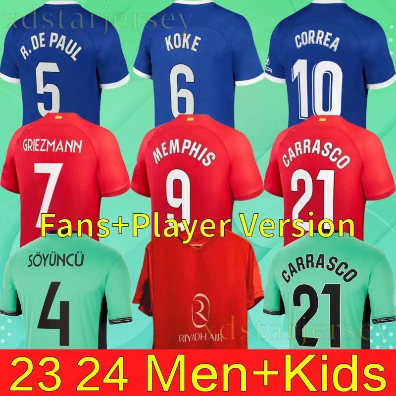 MEMPHIS soccer jerseys 23 24 home away M. LLORENTE Correa camiseta football shirts men kids GRIEZMANN R. CARRASCO DE PAUL