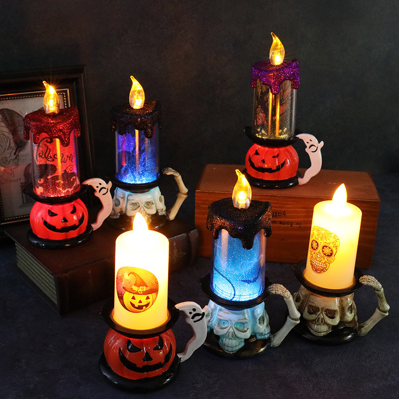 Halloween Atmosphere Decoration Pumpkin Candle Lights Flameless Flickering LED Skeleton Candle Lights