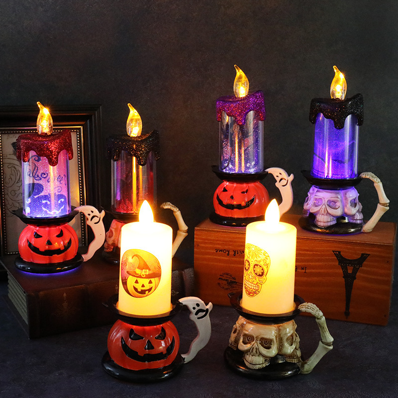 Halloween Atmosphere Decoration Pumpkin Candle Lights Flameless Flickering LED Skeleton Candle Lights