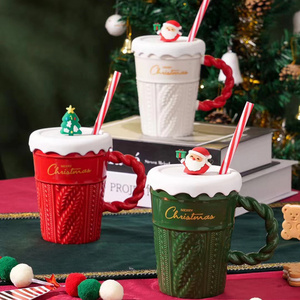 Merry Christmas Ceramic Water Cup With Straw Christmas Souvenir Christmas Gift