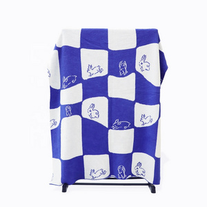 rabbit blue white plaid fleece blanket simple polyester soft big patterned cover camping all season adult nap knit