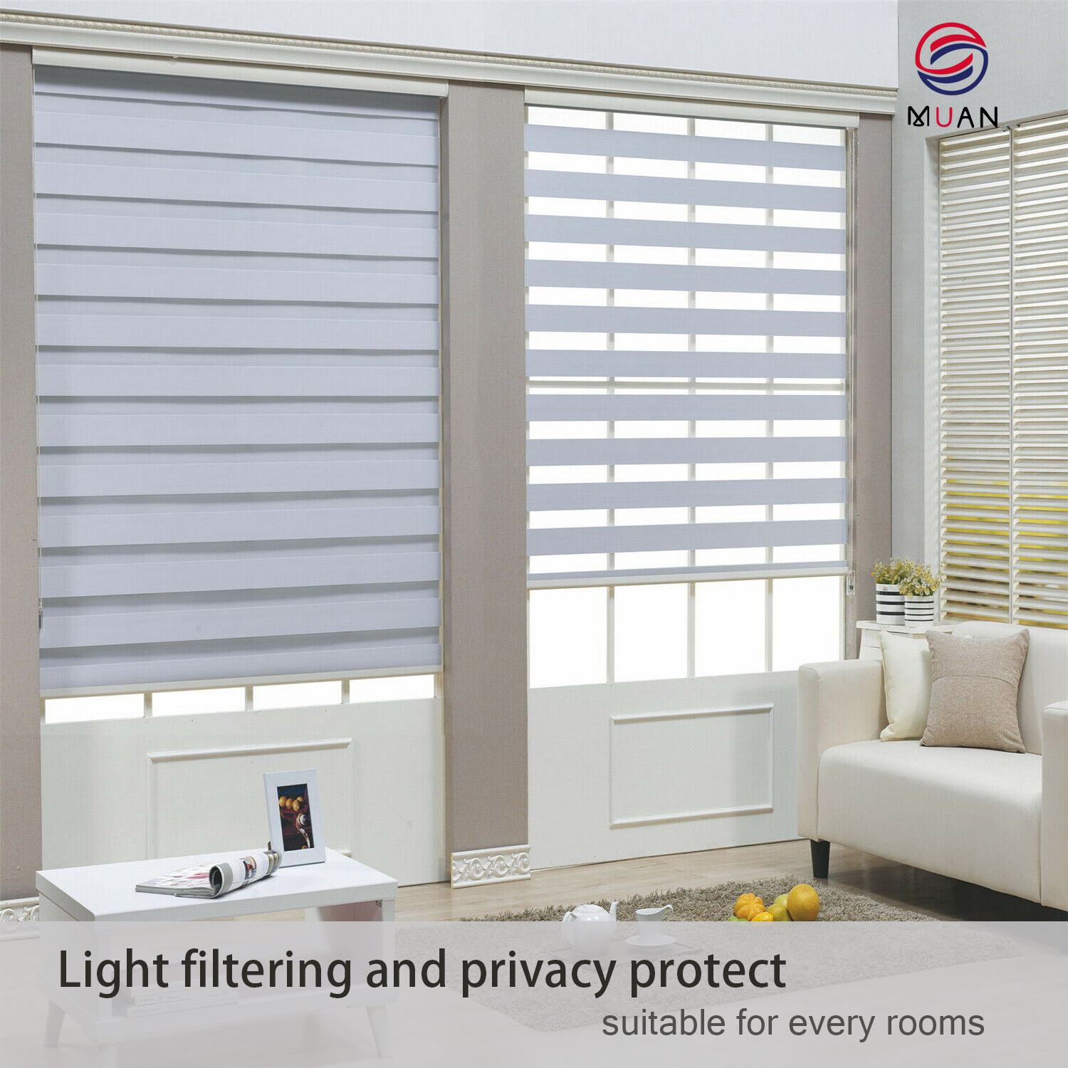 smart home decor window roller shades double strip horizontal interior electric Alexa motorized blackout zebra roller blinds