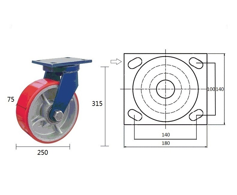 Industrial Swivel Castor Super Heavy Duty Caster 10 Inch Iron Core Polyurethane Coated Wheel