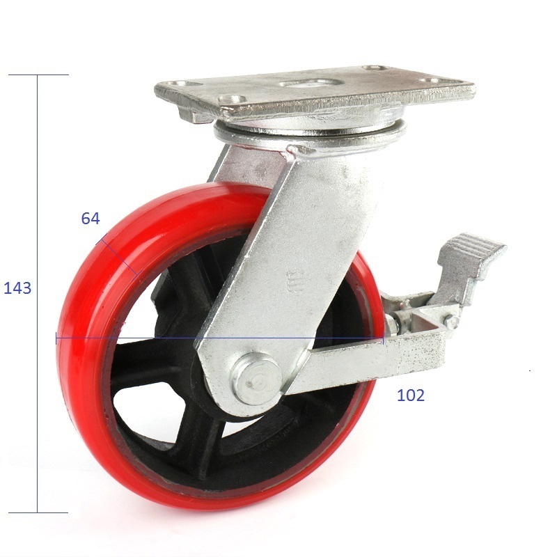 4 Inch Industrial Caster PU Wheel Heavy Duty Swivel Castor With Brake