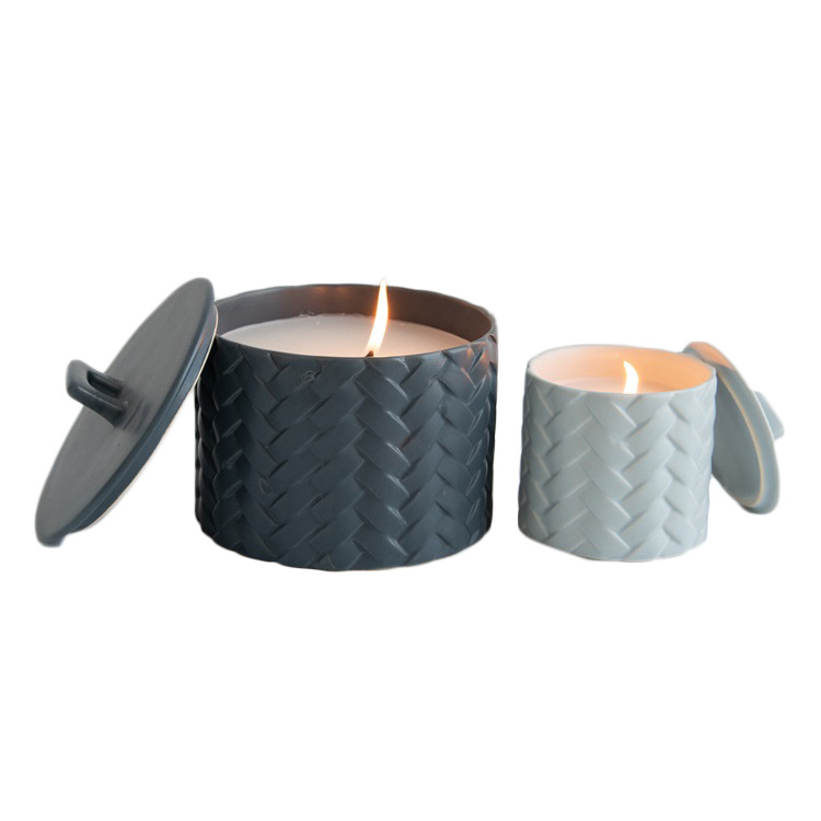 Attractive braid pattern embossed nordic ceramic candle jar / home goods vase