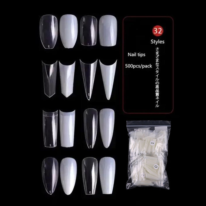 Wholesale 33 types 500pcs Clear False Ballerina Stiletto Nails Sharp Toe Natural French Coffin Press on ABS Nail Tips