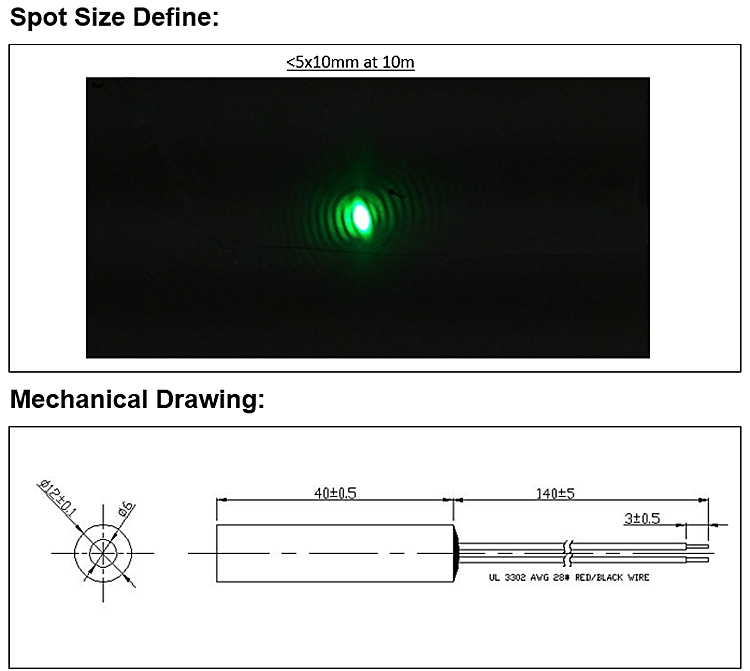 D12x40mm Glass Lens 520nm Green Dot Laser Module 10mW/30mW/50mW/80mW/135mW Industrial Grade APC Driver 3V 5V DC