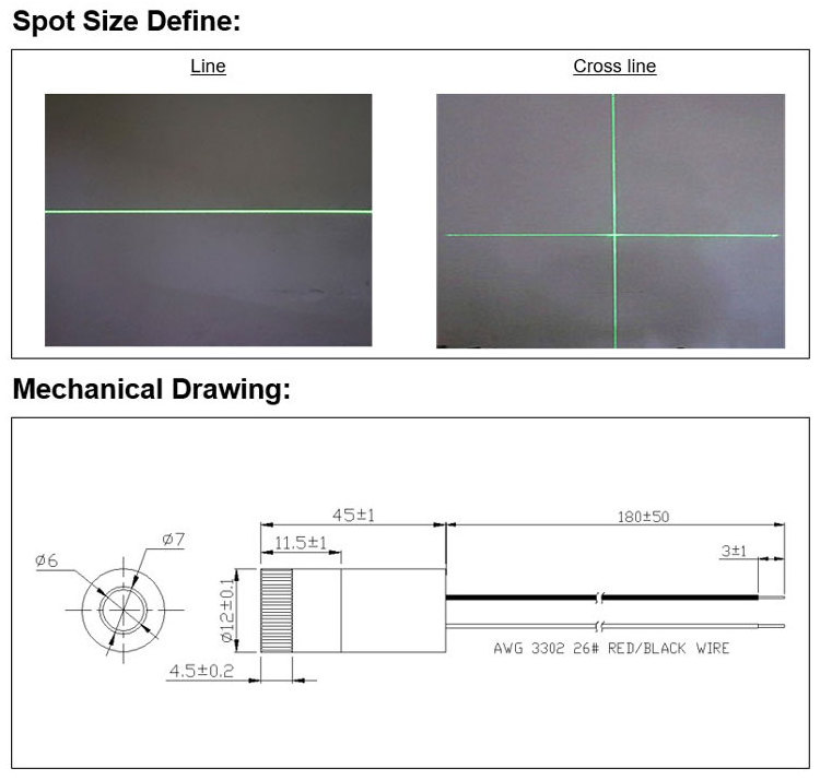 D12x45mm High Power 520nm Focusable Green Line/Cross Line Laser Module Customizable 1mW--200mW (Divergence angle:15~110 degree)