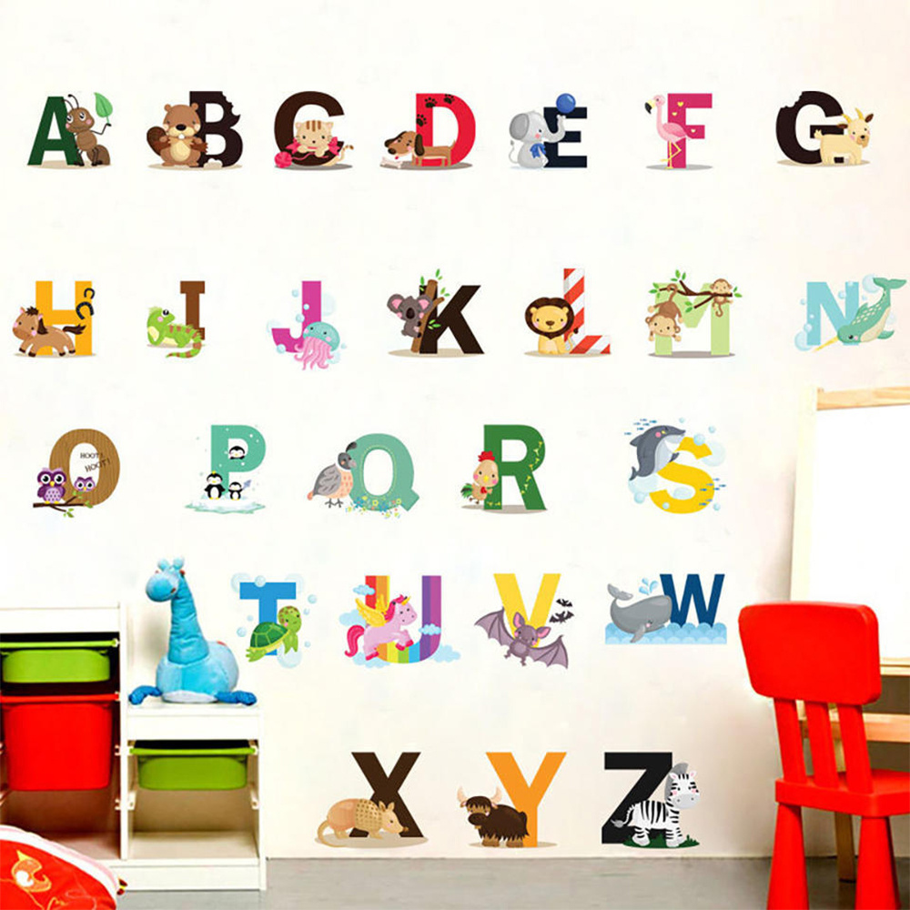 Animal alphabet ABC kids wall stickers decals peel removable for nursery bedroom living room art murals decorations