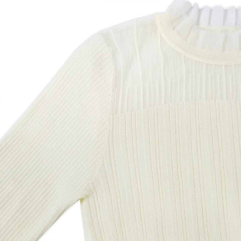 Fall Winter White Stylish Ruffled Collar Bottom Cashmere Tops Long Sleeved Base Sweaters Wool 100 % Women Knit Sweater