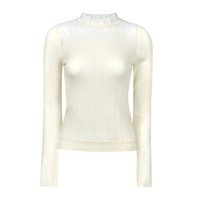 Fall Winter White Stylish Ruffled Collar Bottom Cashmere Tops Long Sleeved Base Sweaters Wool 100 % Women Knit Sweater