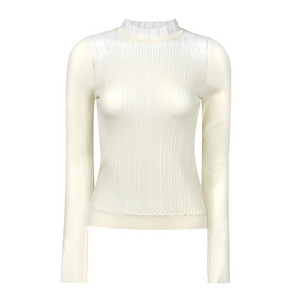 Fall Winter White Stylish Ruffled Collar Bottom Cashmere Tops Long Sleeved Base Sweaters Wool 100 % Women Knit Sweater