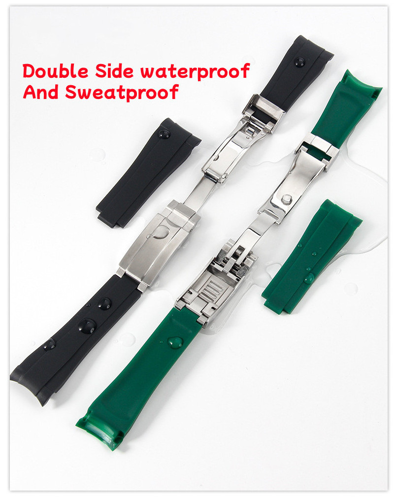 20mm Curved End Rubber Watch Strap for Rolex GMT Daytona Submariner Silicone Sweatproof  Replacement Watch Band Metal Buckle