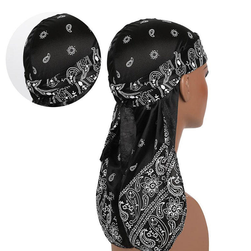 Customs Men Silk Durag Printing Seamless Silky Durags Bandanas Turban Hat Headwear Long Straps Do Du Rags