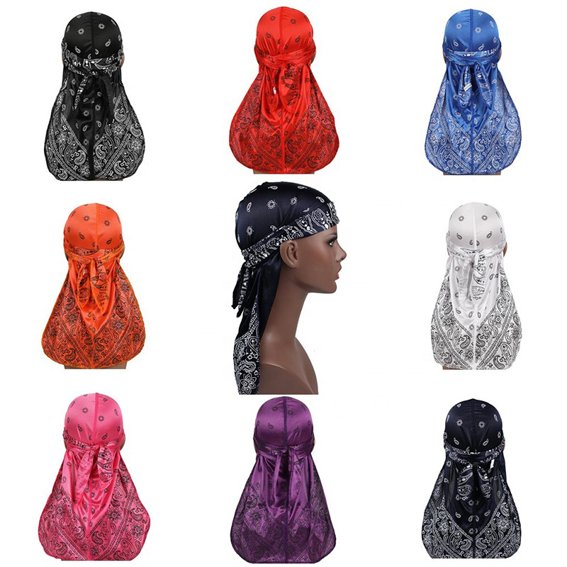 Customs Men Silk Durag Printing Seamless Silky Durags Bandanas Turban Hat Headwear Long Straps Do Du Rags