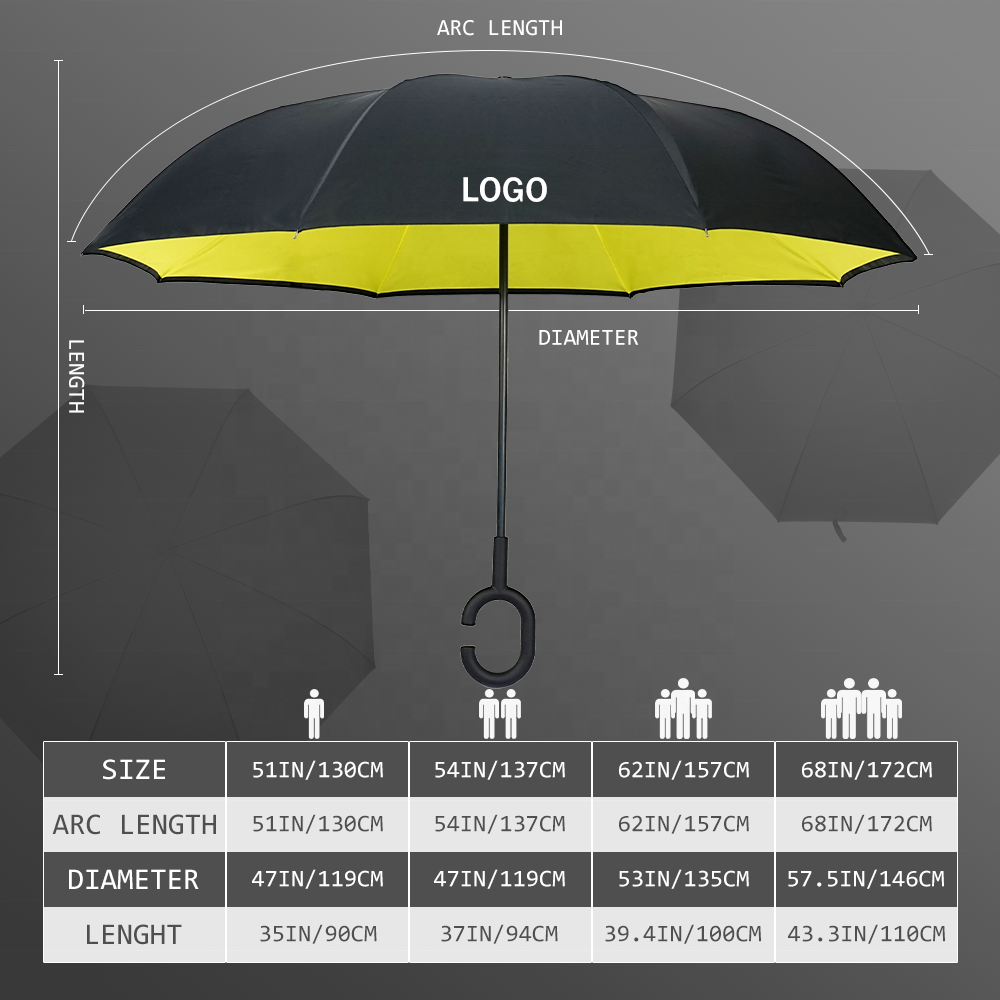 Inverse car Umbrella logo prints Custom Double Layer Arc C Shape Handle design inverted Reverse Umbrella