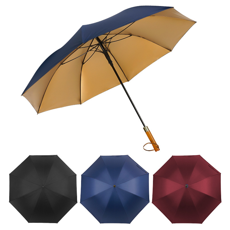 Gold UV Protection  Stick Straight Custom Logo Golf Umbrella Business Gift Luxury Straight Golf Umbrella With Wooden Handle