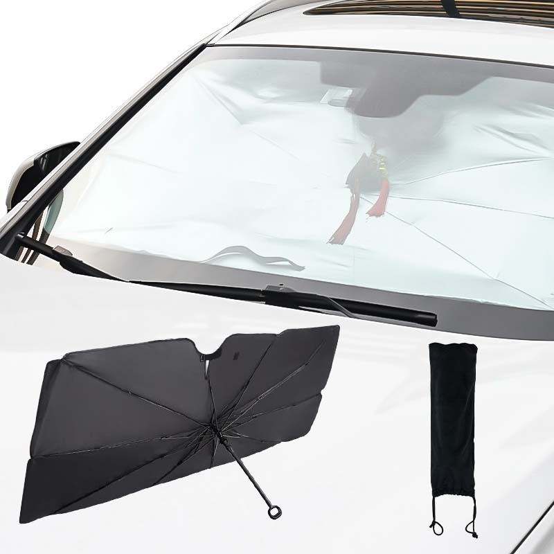 Hot Sale Summer Uv Protection Black Pongee Silver Coating Front Gear Umbrella Folding Umbrella For Car With Base