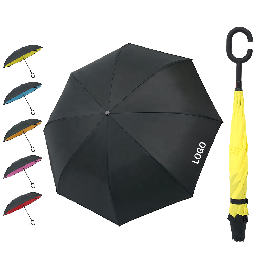 Custom Logo Colorful Double Layer Windproof Inside Out C Shape Handle Inverted Reverse Umbrella