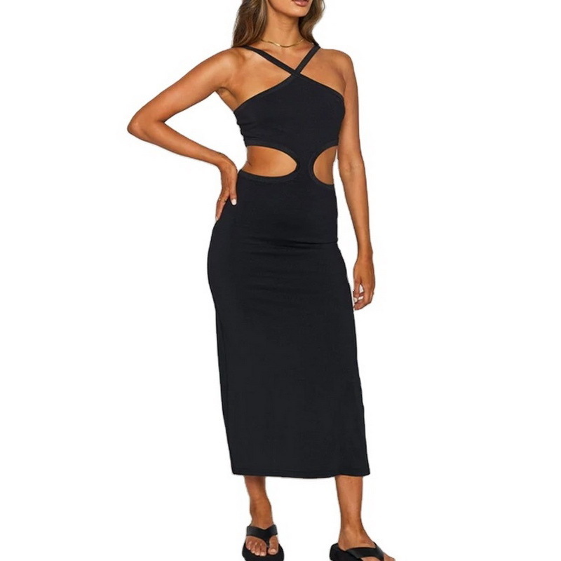 Factory Wholesale Collarless Ladies Summer Dress Halter Hollow Backless Midi Dress Black Plain Color Sexy Women Dress