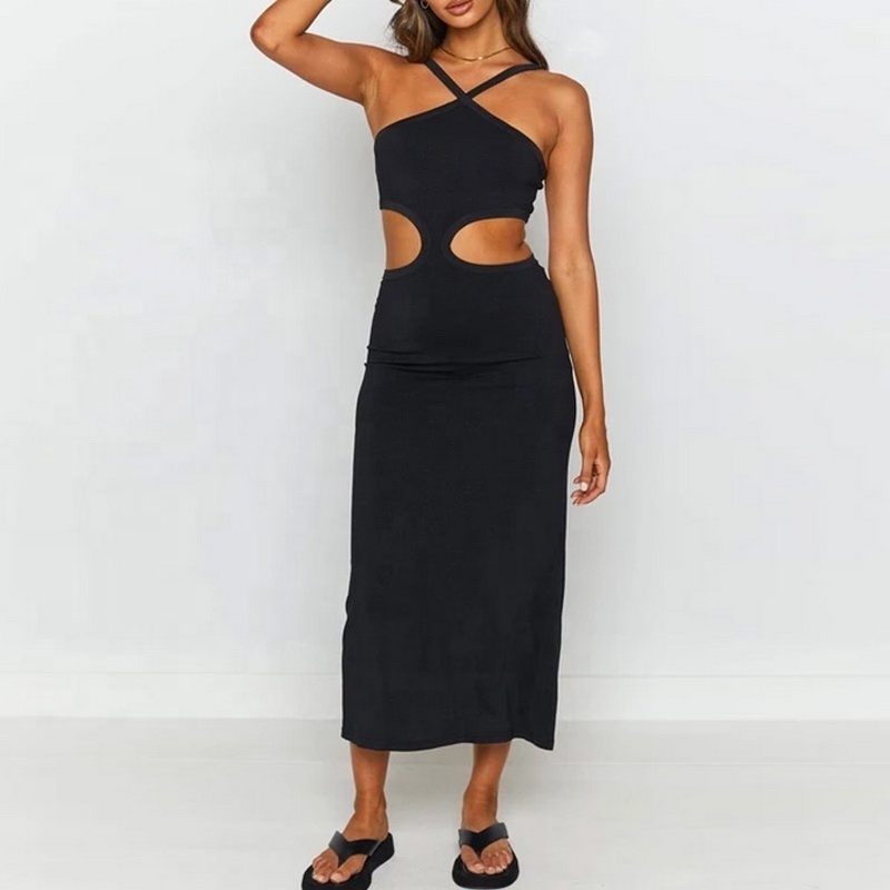 Factory Wholesale Collarless Ladies Summer Dress Halter Hollow Backless Midi Dress Black Plain Color Sexy Women Dress