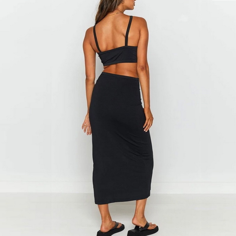 Factory Wholesale Collarless Ladies Summer Dress Halter Hollow Backless Midi Dress Black Plain Color Sexy Women Dress