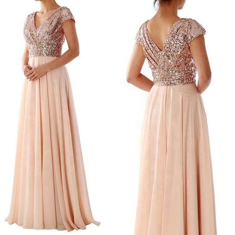 Hot Sale Custom Prom Dress Long Evening Gowns Short Sleeves V Neck Sequin Chiffon Rose Bridesmaid Weeding Prom Party Dress