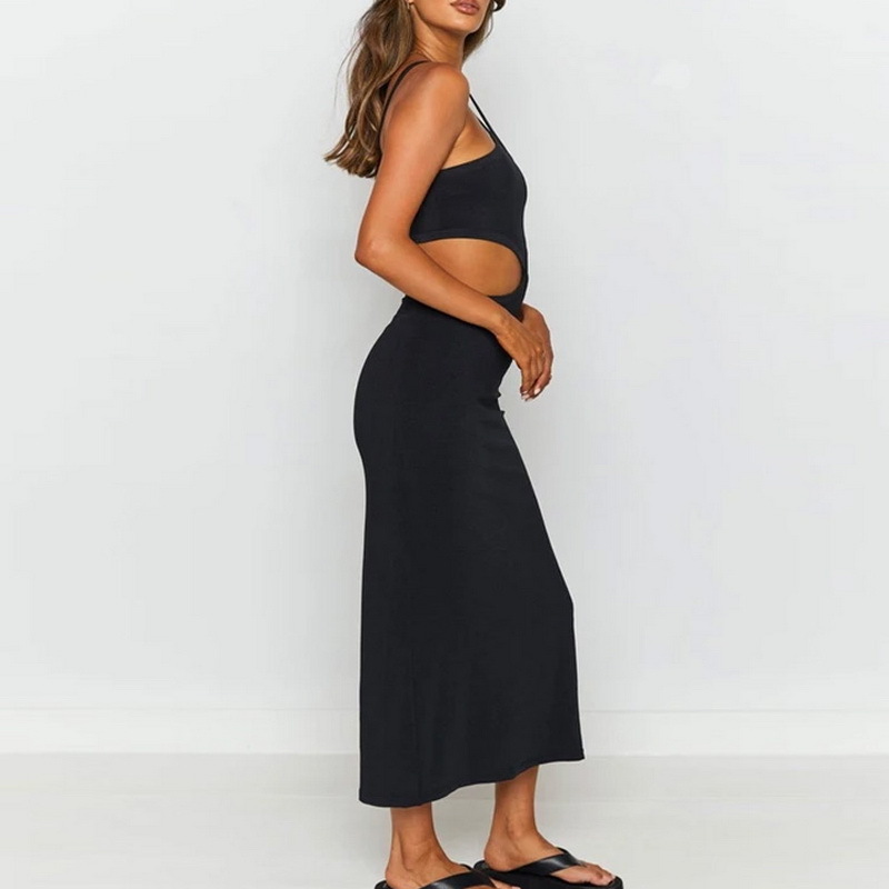 Factory Wholesale Collarless Ladies Summer Dress Halter Hollow Backless Midi Dress Black Plain Color Sexy Women Dress